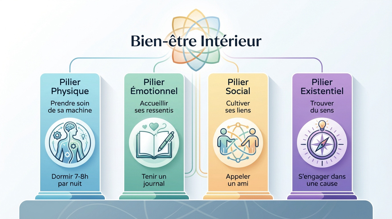 Schéma illustrant les 4 piliers de l'équilibre mental : physique, émotionnel, social et existentiel