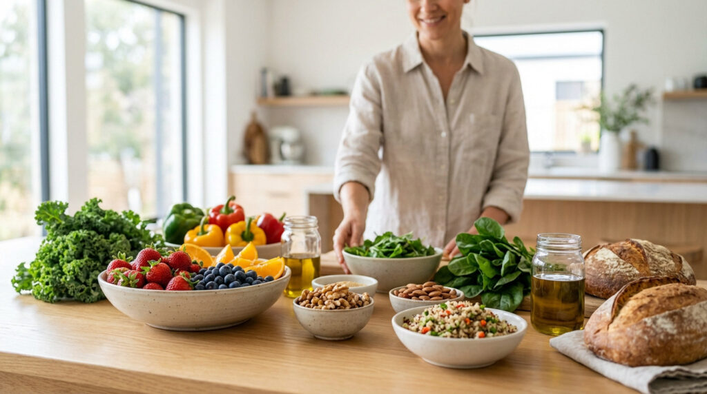 A bright kitchen scene with a person behind a wooden counter filled with colorful fresh fruits, vegetables, nuts, grains, and bread.