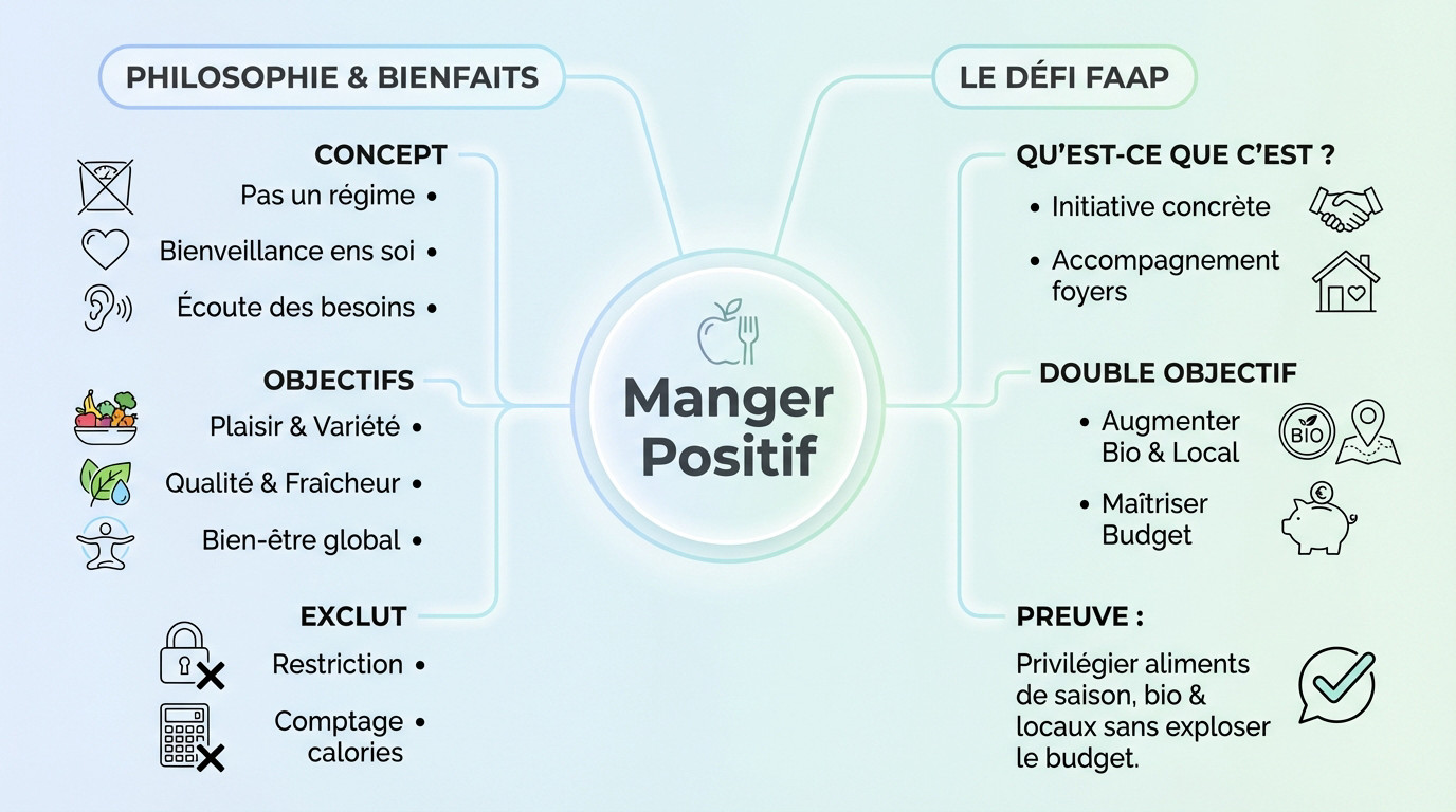 Infographie illustrant les principes de l'alimentation positive et le fonctionnement du défi FAAP