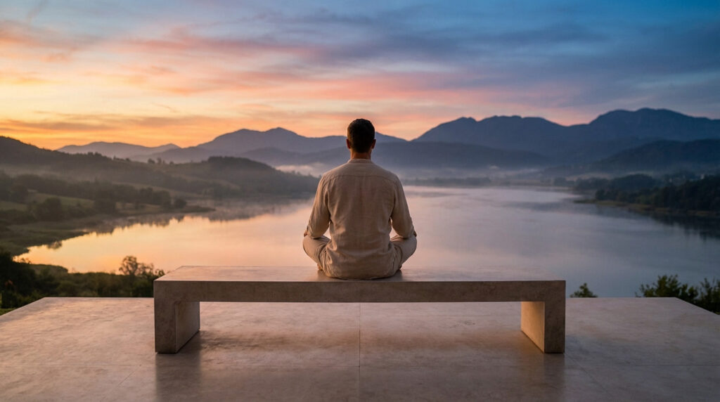 Anonymous person in neutral clothing on a minimalist stone bench, facing a serene lake and misty mountains at golden hour, embodying peace.