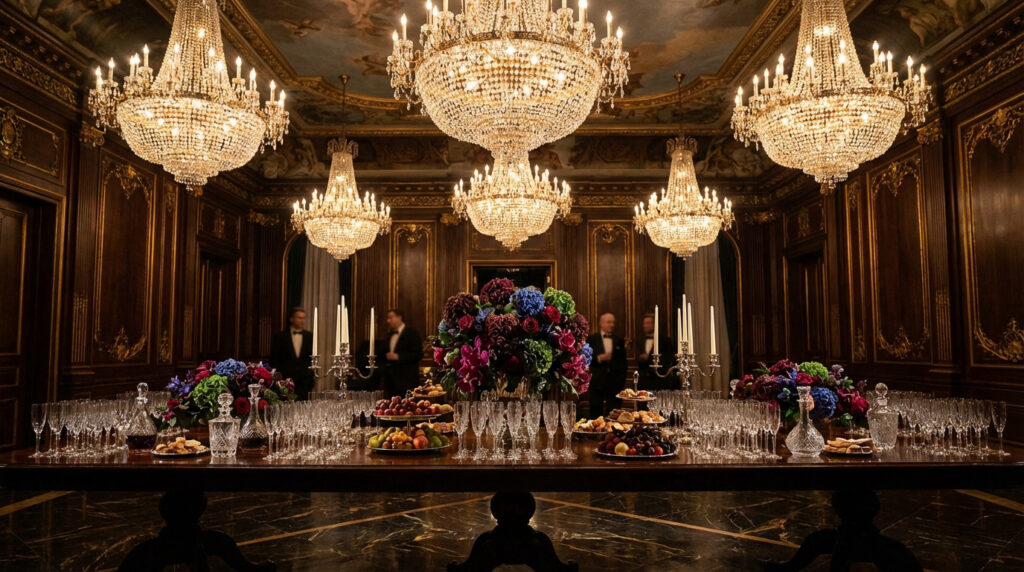 Grand salon luxueux avec lustres en cristal, longue table dressée de fruits, pâtisseries et verres, et serveurs en arrière-plan.