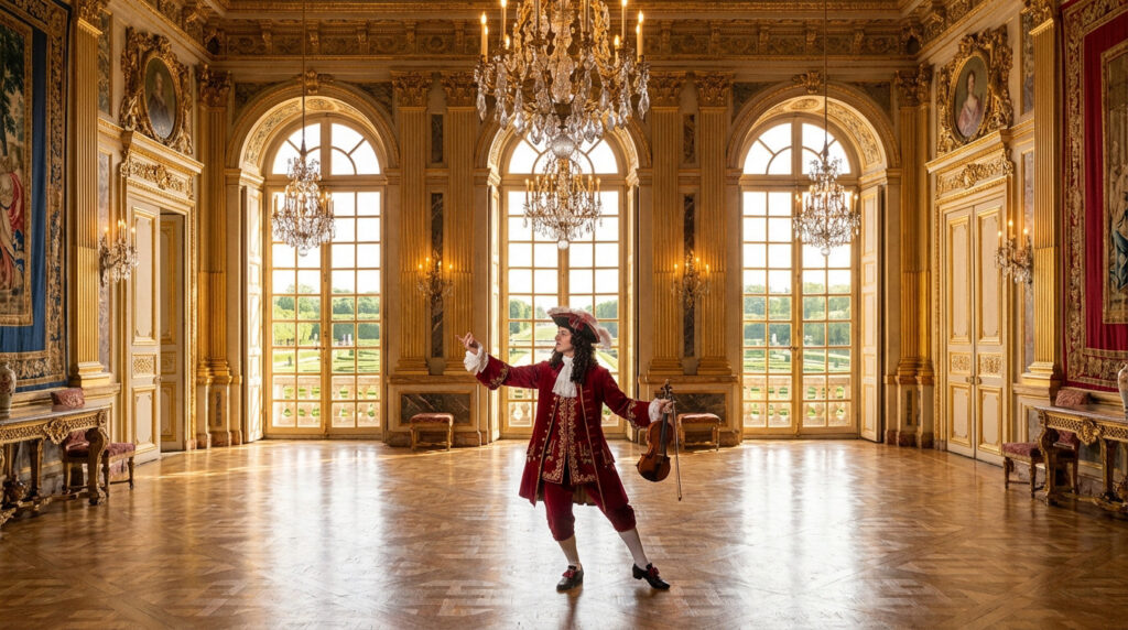 Jean-Baptiste Lully en costume baroque avec violon, posant dans une salle de château grandiose avec lustres et vues sur jardin.