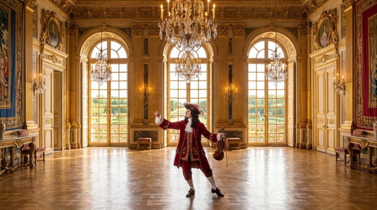 Jean-Baptiste Lully en costume baroque avec violon, posant dans une salle de château grandiose avec lustres et vues sur jardin.
