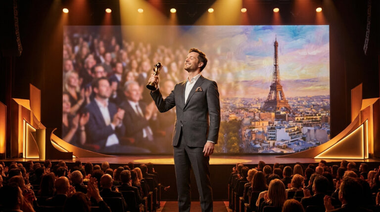 Un homme souriant en costume tient un trophée doré sur une scène. Un écran derrière lui affiche une foule et la Tour Eiffel.