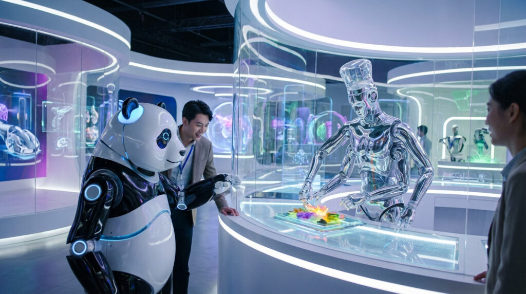 Un homme interagit avec un robot panda, un robot chef chromé présente des créations devant une femme dans une exposition high-tech.