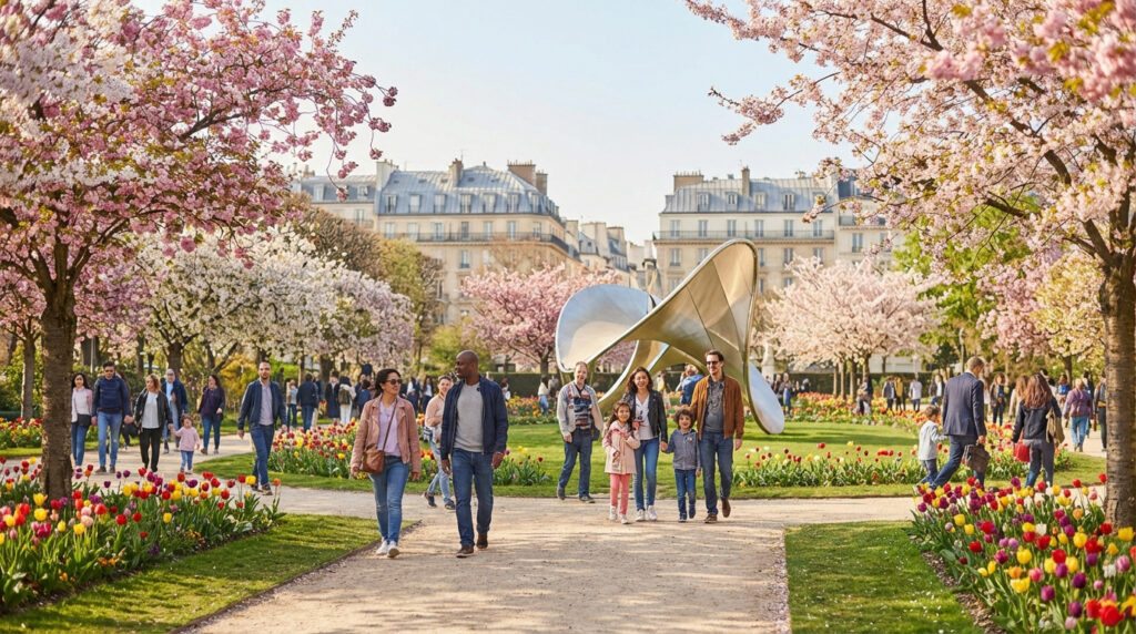 Des gens se promènent dans un jardin parisien fleuri de cerisiers en fleurs et de tulipes colorées, sous un ciel bleu.