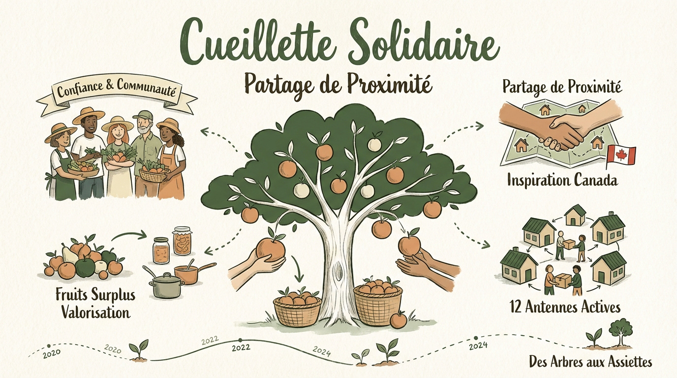Bénévoles récoltant des fruits dans un verger pour une distribution solidaire