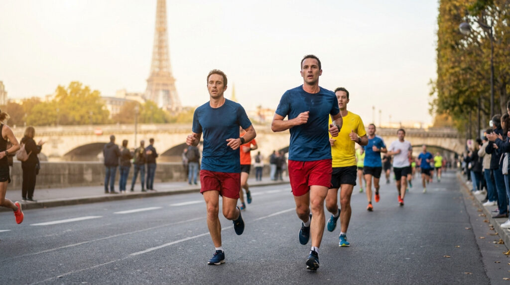 Plusieurs coureurs sur une route de Paris, avec la Tour Eiffel et un pont à l'arrière-plan et des spectateurs applaudissant.