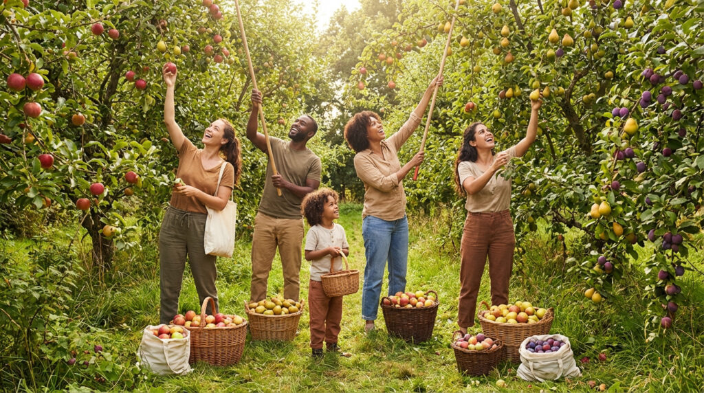 Cinq adultes et un enfant souriants cueillent des fruits (pommes, poires, prunes) dans un verger verdoyant. Des paniers sont au sol.