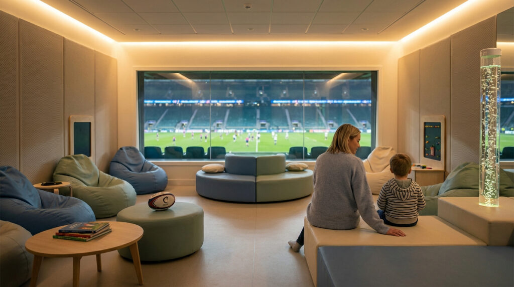 Une salle sensorielle moderne au stade de rugby. Une femme et un enfant regardent le match à travers la fenêtre. Meubles confortables, tube à bulles.