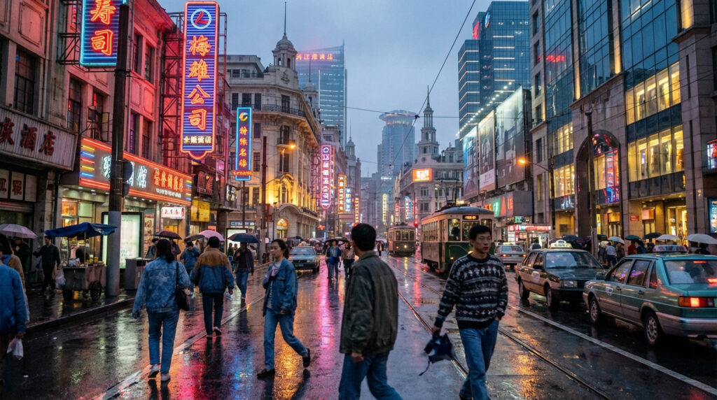 Scène urbaine de Shanghai sous la pluie : bâtiments éclairés par des néons, trams, voitures et piétons avec parapluies.