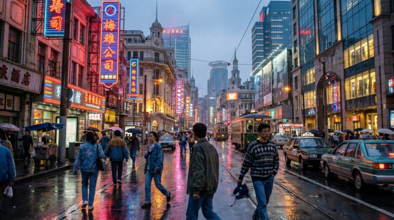Scène urbaine de Shanghai sous la pluie : bâtiments éclairés par des néons, trams, voitures et piétons avec parapluies.