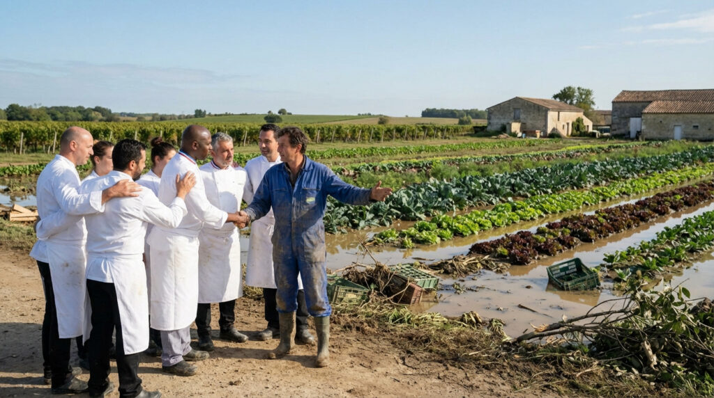 Un groupe de chefs entoure un maraîcher devant son champ de légumes en partie inondé en Gironde, montrant les dégâts.