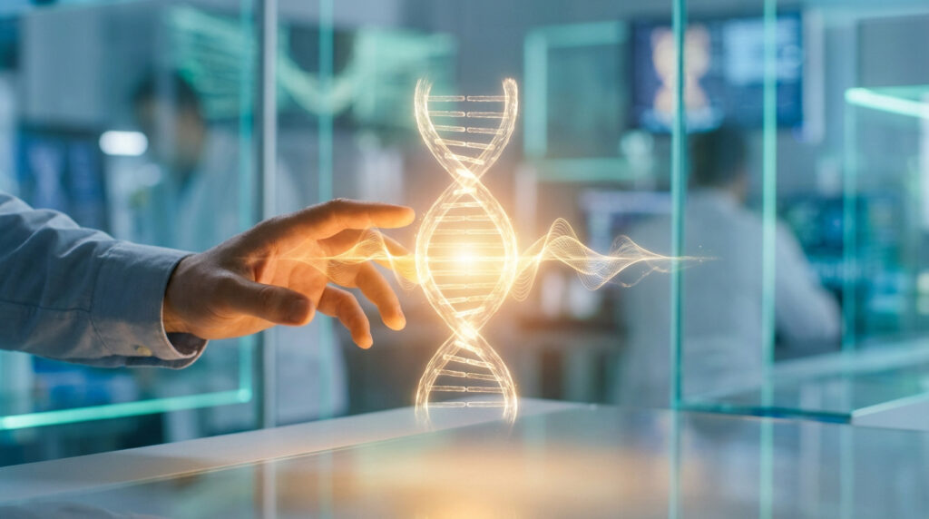 Une main humaine tend vers une double hélice d'ADN holographique lumineuse, flottant dans un laboratoire scientifique moderne.