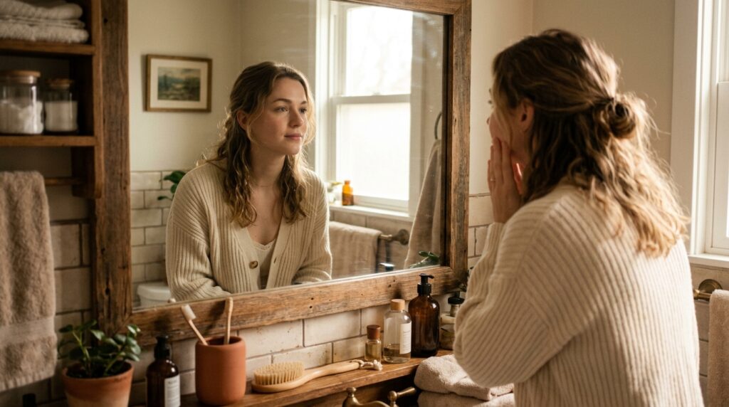 Jeune femme regardant son visage dans un miroir de salle de bain le matin, illustration de l'article sur le cortisol face et le visage gonfle par le stress