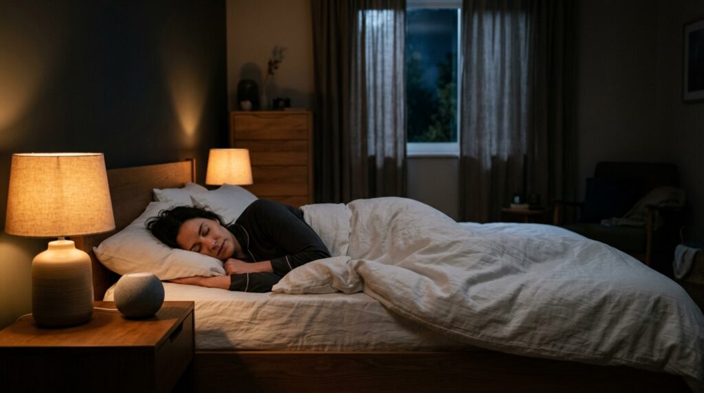 Personne endormie dans une chambre sombre, petite enceinte diffusant du bruit brun sur la table de chevet