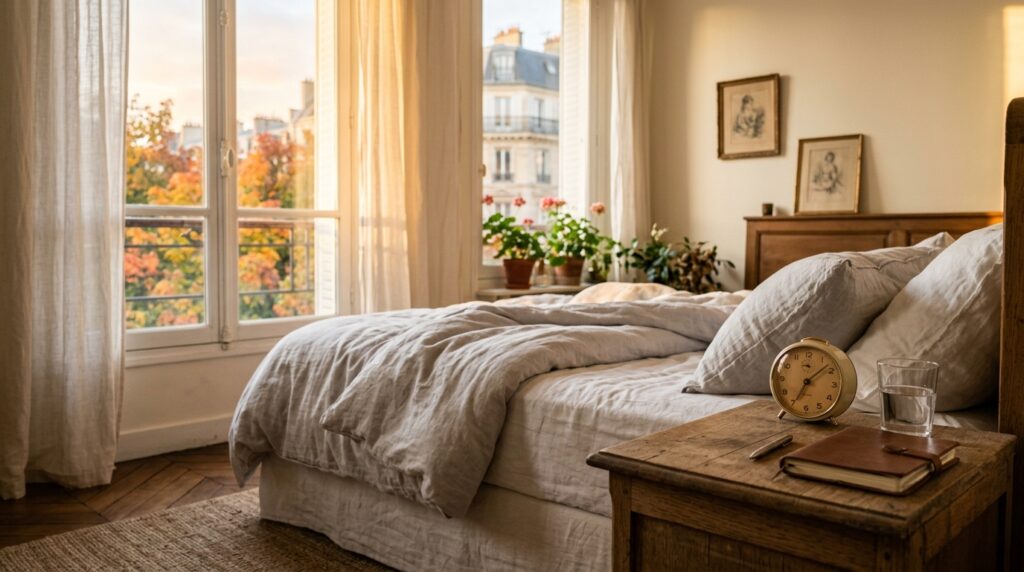 Chambre baignée de lumière d'automne au lever du jour, réveil et carnet sur la table de nuit